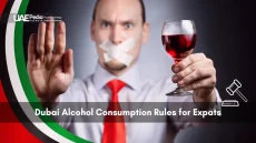 Man with wine and taped mouth shows alcohol caution for Dubai expats.