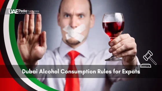 Man with wine and taped mouth shows alcohol caution for Dubai expats.