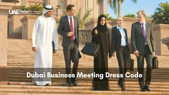 Group of professionals in traditional and modern dress after a Dubai meeting.