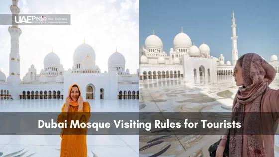 Two women in modest attire standing in a mosque courtyard with domes.