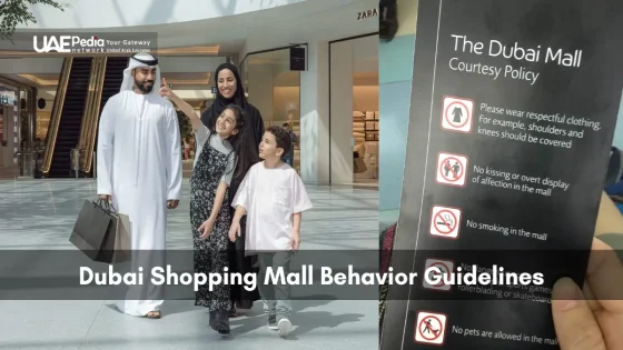 Family shopping in Dubai Mall beside behavior guideline sign.