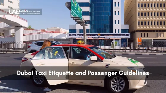 Passenger boarding a Dubai taxi in front of city buildings and traffic.