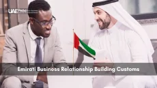 Emirati and foreign professionals exchanging ideas with UAE flag between them.