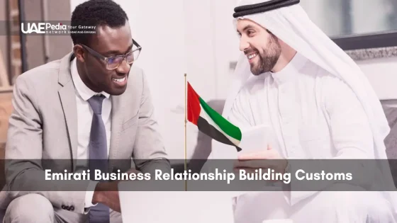 Emirati and foreign professionals exchanging ideas with UAE flag between them.