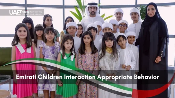Emirati children and adults gathered for cultural awareness photo.