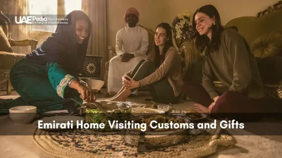 People share food and conversation during a traditional Emirati home visit.