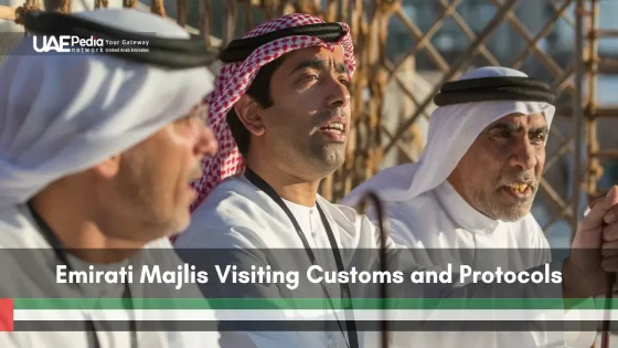 Emirati men wearing kandura engaging in discussion inside a traditional majlis environment