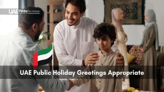 Man and child exchanging greetings at home with UAE flag during holiday celebration