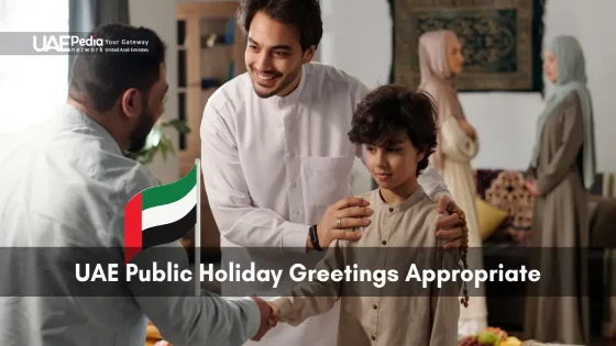 Man and child exchanging greetings at home with UAE flag during holiday celebration
