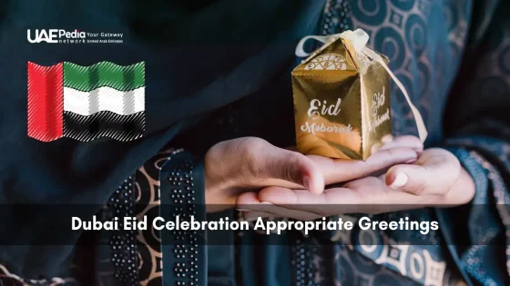 Golden Eid Mubarak gift box held by woman in traditional UAE clothing.