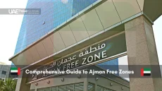 Ajman Free Zone building entrance with UAE flag.