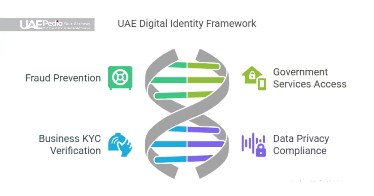 Double helix diagram labeled UAE Digital Identity Framework with four benefit icons.