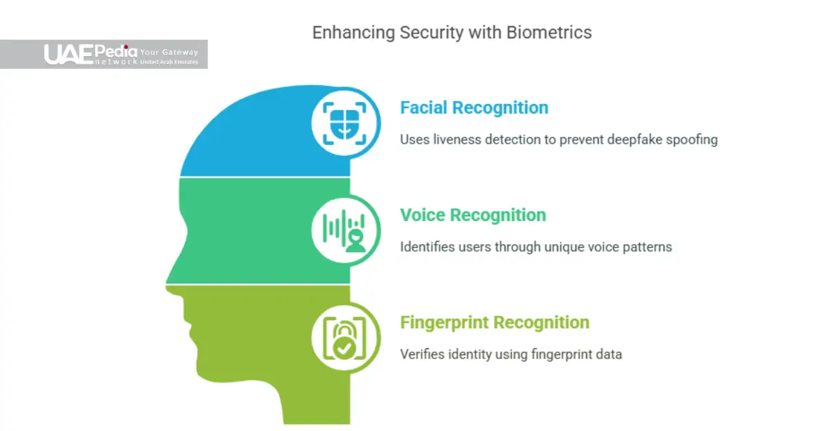 Head icon segmented by color showing facial, voice and fingerprint biometrics.