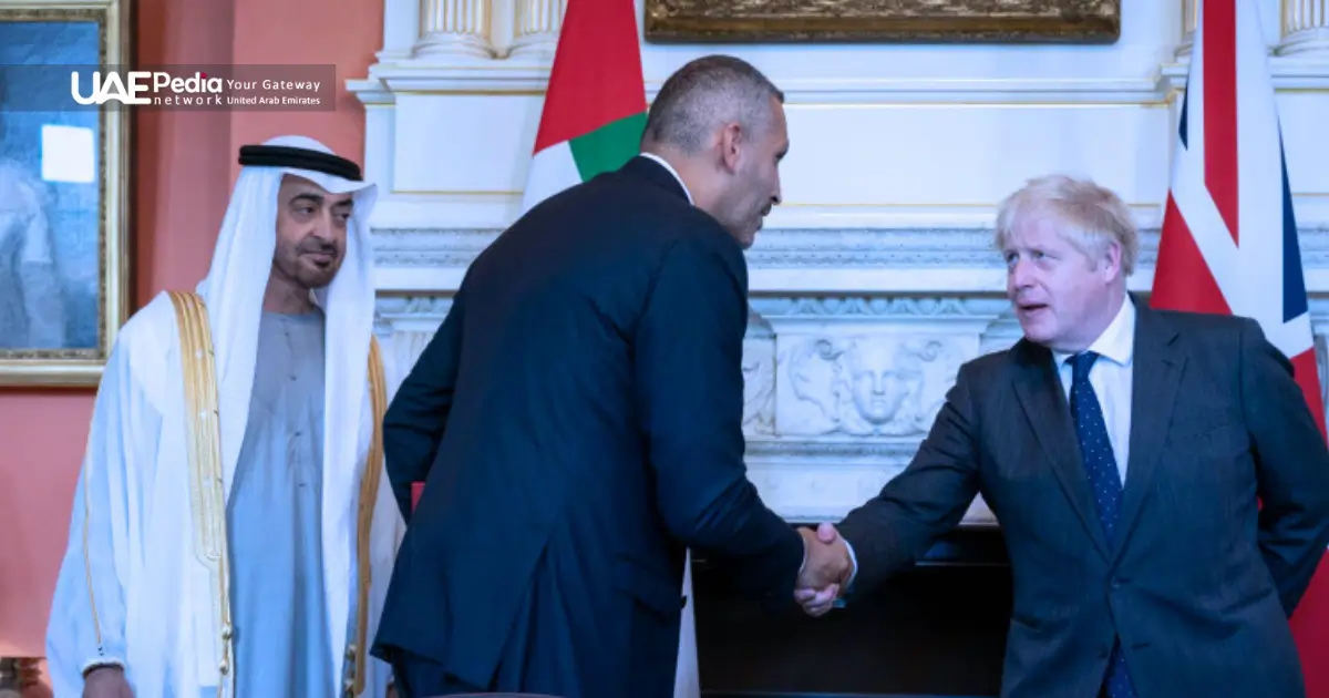 UAE and UK officials shaking hands, symbolizing bilateral relations.