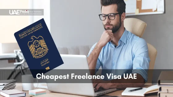 Man in glasses seated at desk typing on a laptop with a floating UAE passport icon.