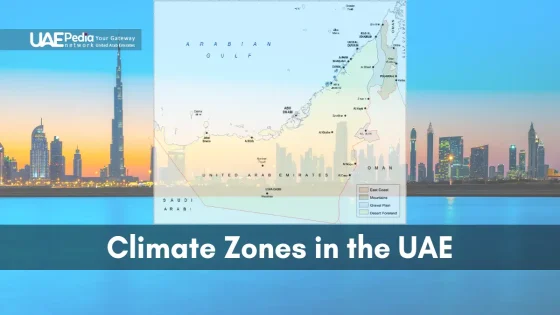 A UAE climate zone map displayed over a city skyline, highlighting regional climates.