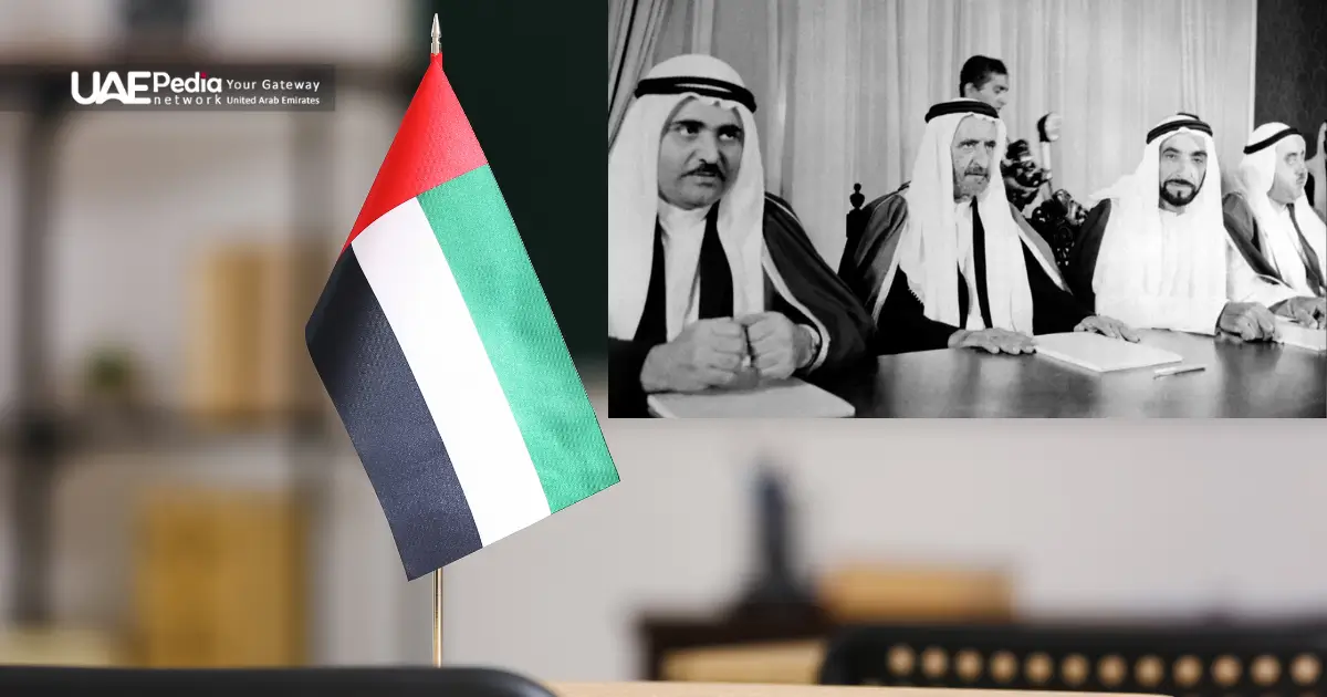 UAE flag and a historic meeting depicting the nation’s legal framework.