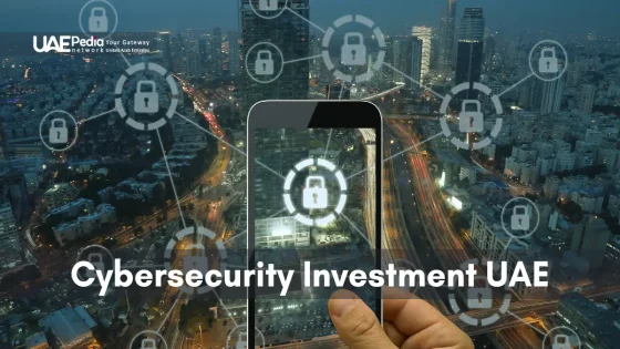 Smartphone with lock icons over city skyline, highlighting UAE cybersecurity.