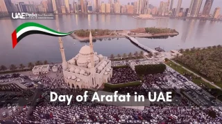 Bird's-eye view of mosque and congregation with UAE flag and city skyline backdrop.