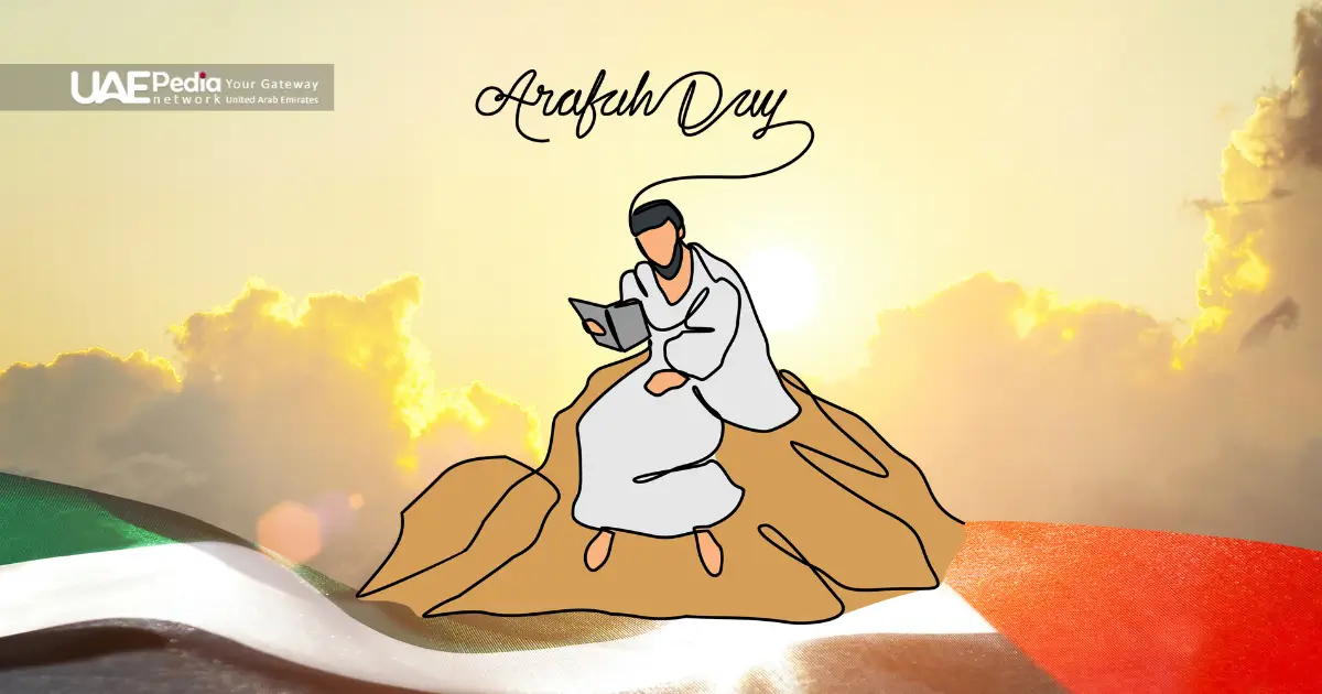Artistic rendering of person in ihram garments reading on Mount Arafat at sunset.