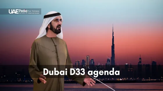 Sheikh Mohammed bin Rashid Al Maktoum speaking with the Dubai skyline behind him.