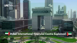 Dubai International Financial Centre with modern buildings and iconic structure