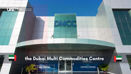 facade of the Dubai Multi Commodities Centre featuring its logo and modern architecture.