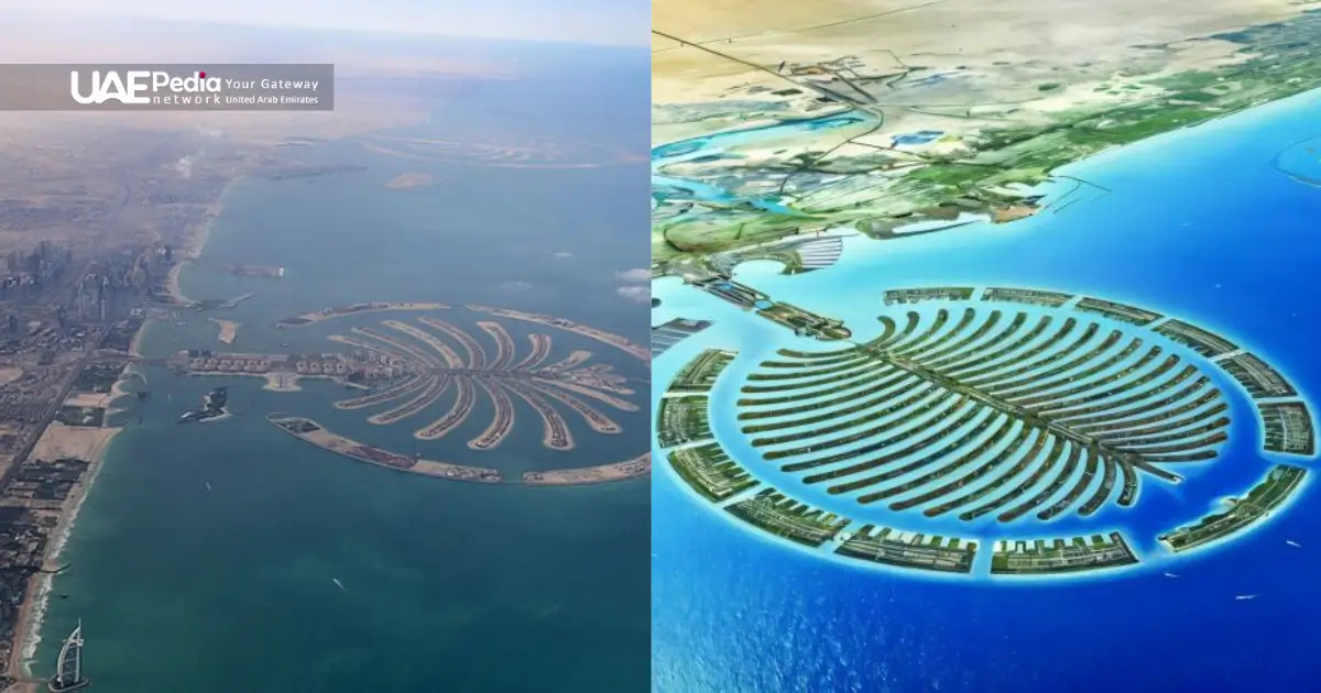 Aerial imagery showcasing Dubai's Palm Jumeirah and The World archipelago.