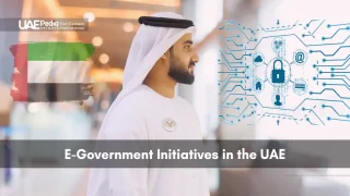 UAE official in kandura stands before a holographic padlock network graphic and a painted national flag