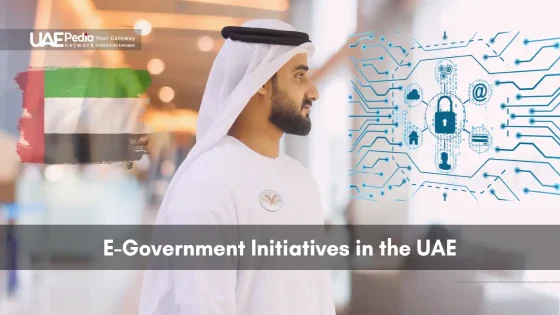UAE official in kandura stands before a holographic padlock network graphic and a painted national flag