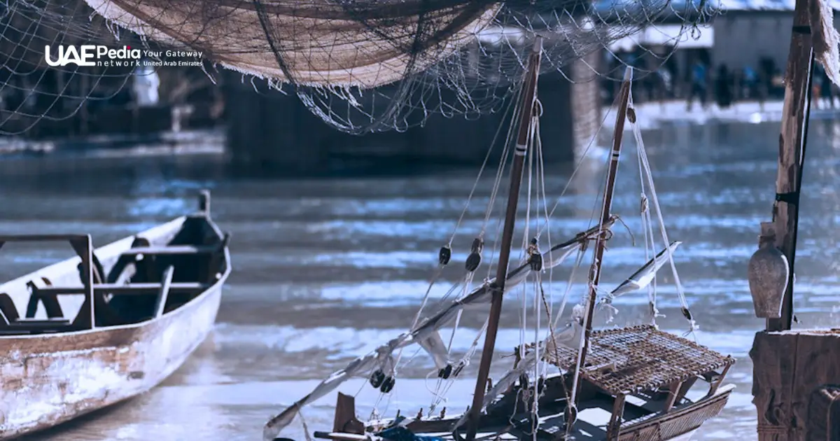 Traditional boats and fishing nets showcasing the economic role of pearl trade in the UAE.