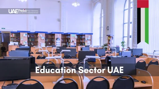 A modern classroom in the UAE featuring computers, desks, and bookshelves.