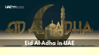 Golden 3D text displaying "EID AL-ADHA" with crescent moon and minaret against navy backdrop.