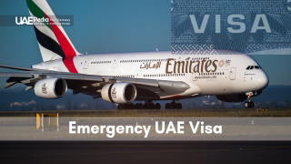 Emirates plane and UAE visa stamp highlighting emergency visa approval process.
