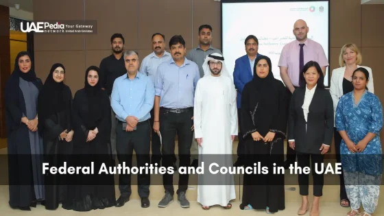 Men and women of various backgrounds standing together at a UAE federal meeting.