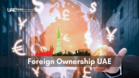 Foreign ownership in the UAE with currency and skyline visuals.