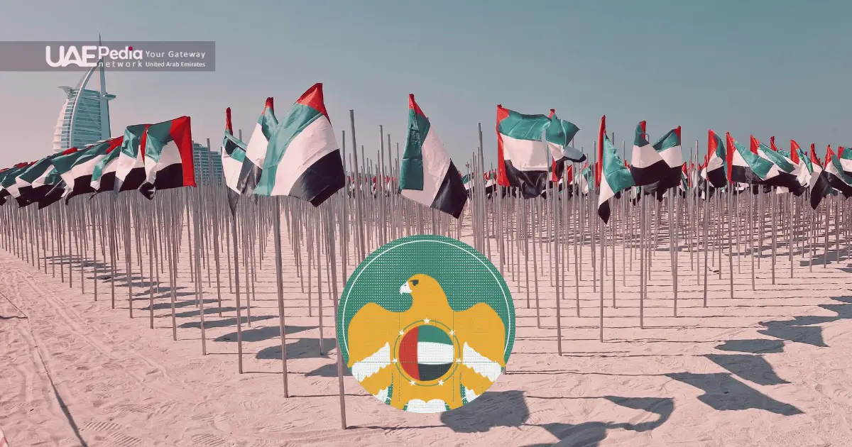 UAE flags in a row with the national emblem symbolizing unity.