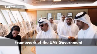 Group of UAE officials studying government framework documents on boards.