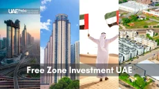 Collage promoting UAE free zones with images of cityscapes, flags, and housing.