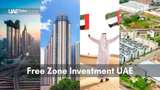 Collage promoting UAE free zones with images of cityscapes, flags, and housing.