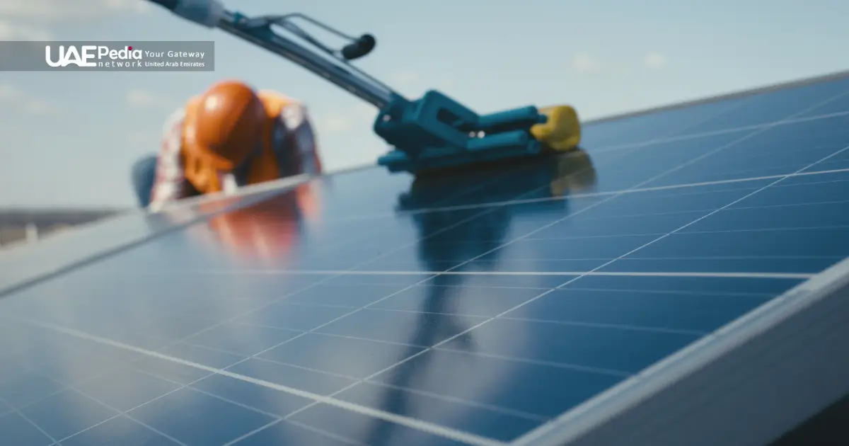 A worker cleaning solar panels to optimize energy production in sunny conditions.