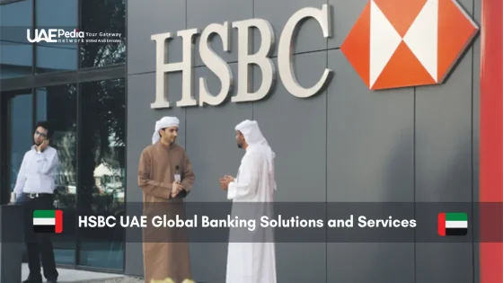 Two men in traditional Emirati attire discussing in front of an HSBC branch in the UAE.