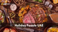 Holiday feast with roast beef, pickles, salads, and seasonal vegetables.
