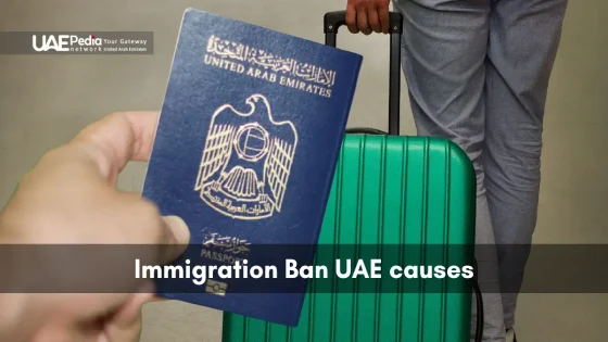 Close-up of a hand clutching a UAE passport while a person stands behind with a suitcase.