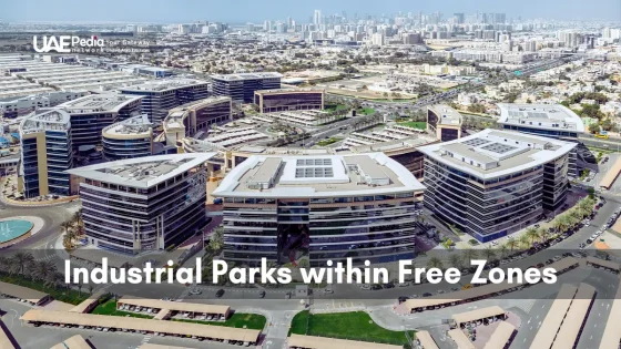 Aerial view of industrial parks in UAE free zones with modern facilities for businesses.