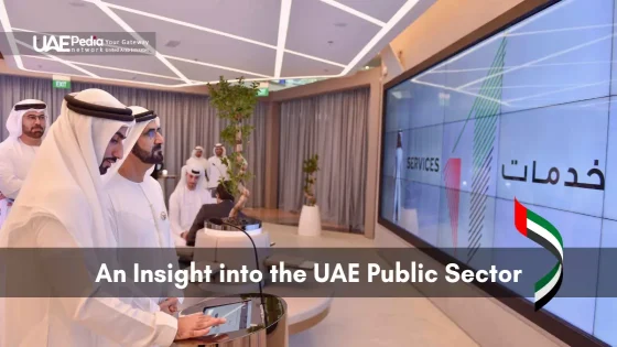 Group of UAE officials using a touchscreen kiosk before a large display of government services icons