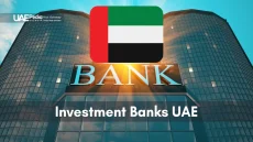 A modern glass tower showcasing the UAE flag and focus on investment banking.