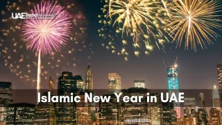 Pink and gold fireworks illuminating night skyline with "Islamic New Year in UAE" overlay.