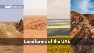 A collage of UAE landforms, including dunes, plains, and rocky mountains.
