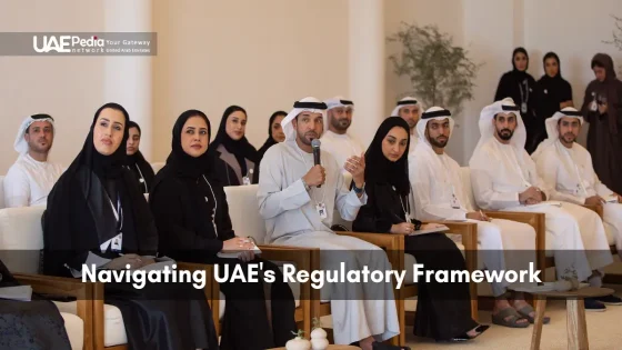 Group of Emirati professionals at a forum discussing UAE regulations beneath UAEPedia logo